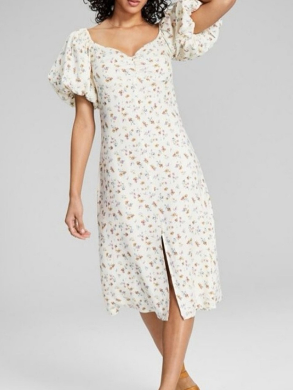 And Now This Floral Puff Sleeve Midi Dress Cream Cottagecore Small